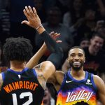 Phoenix Suns forward Mikal Bridges (25) smiles as he celebrates a score against the Milwaukee Bucks with Suns forward Ish Wainright (12) during the second half of an NBA basketball game Thursday, Feb. 10, 2022, in Phoenix. The Suns won 131-107. (AP Photo/Ross D. Franklin)