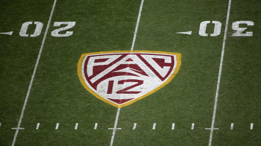 Pac-12 logo on the field during the NCAAF game at Sun Devil Stadium on November 09, 2019 in Tempe, ...