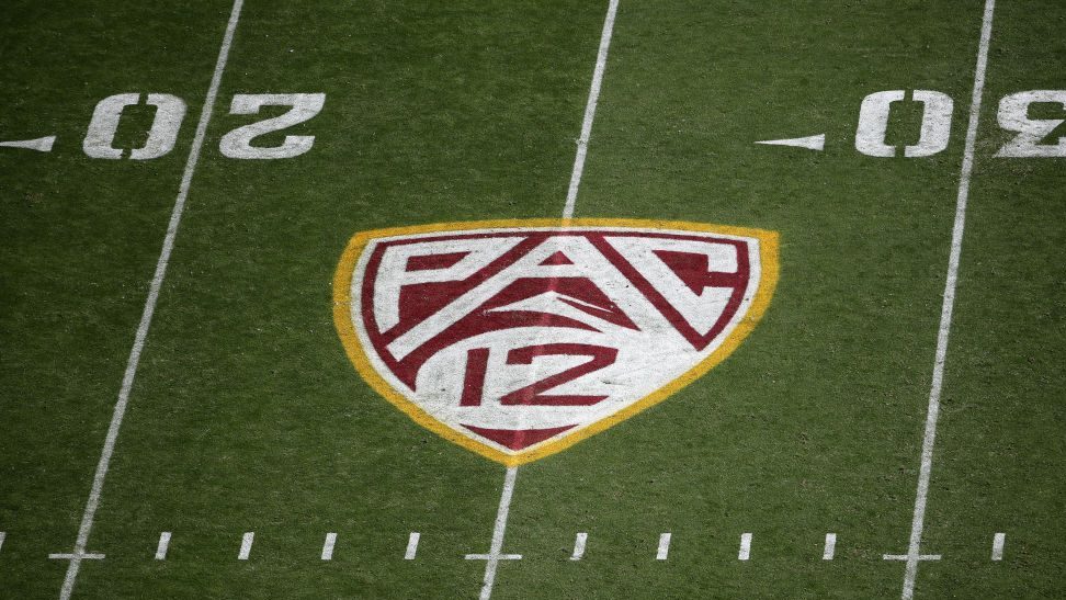 Pac-12 logo on the field during the NCAAF game at Sun Devil Stadium on November 09, 2019 in Tempe, ...