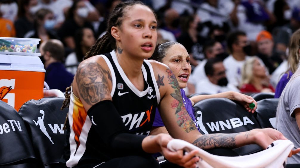 Brittney Griner #42 and Diana Taurasi #3 of the Phoenix Mercury reacts to a foul call in the second...