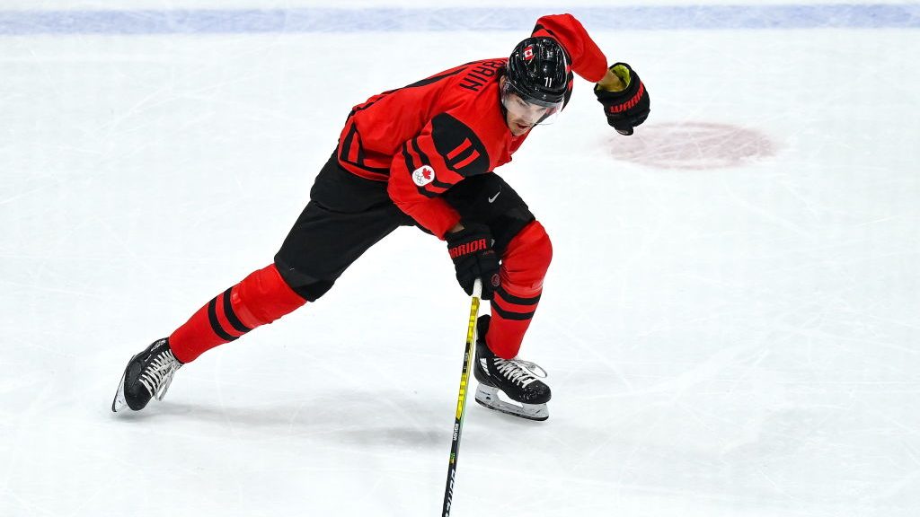 Jack McBain of Canada during the Men's Preliminary Round Group A match between USA and Canada on da...