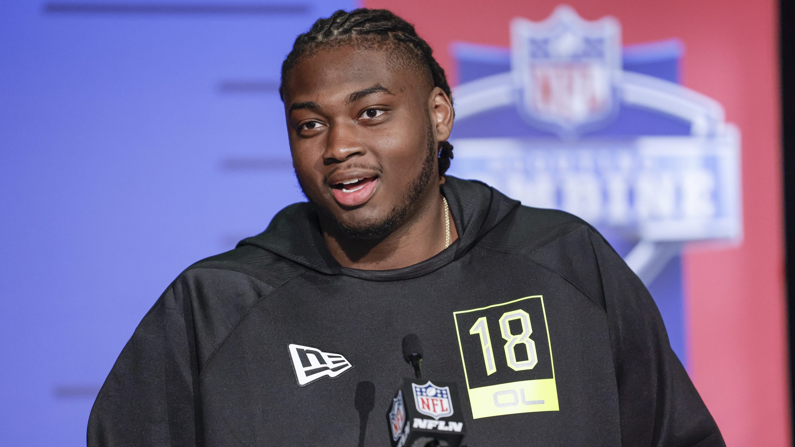 Kenyon Green #OL18 of the Texas A&M Aggies speaks to reporters during the NFL Draft Combine at the ...