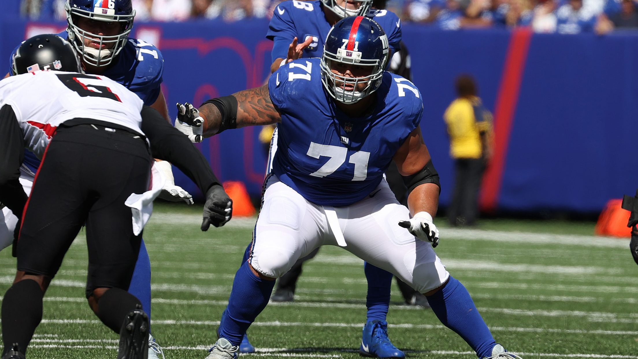 Will Hernandez #71 of the New York Giants in action against the Atlanta Falcons during their game a...