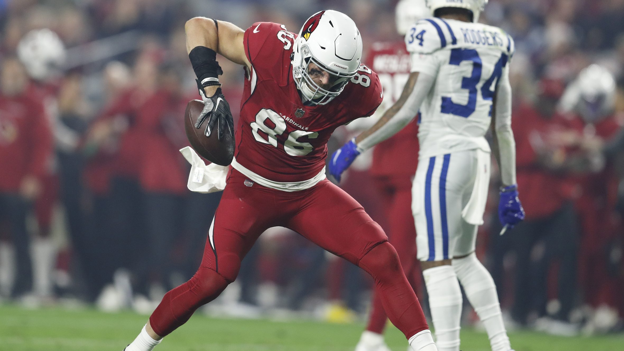 Zach Ertz #86 of the Arizona Cardinals celebrates a first down against the Indianapolis Colts durin...