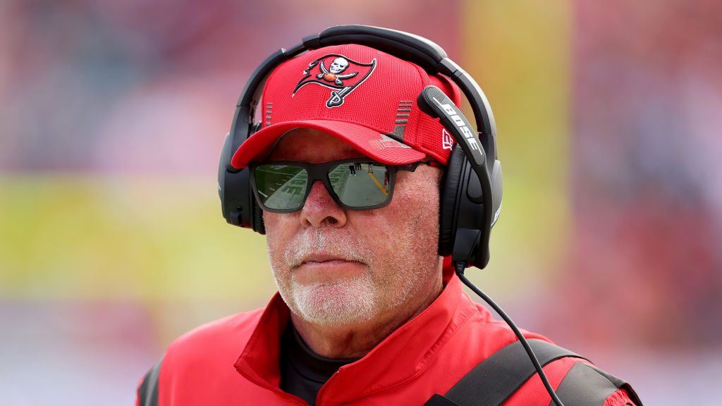 Head coach Bruce Arians of the Tampa Bay Buccaneers looks on against the Philadelphia Eagles during...