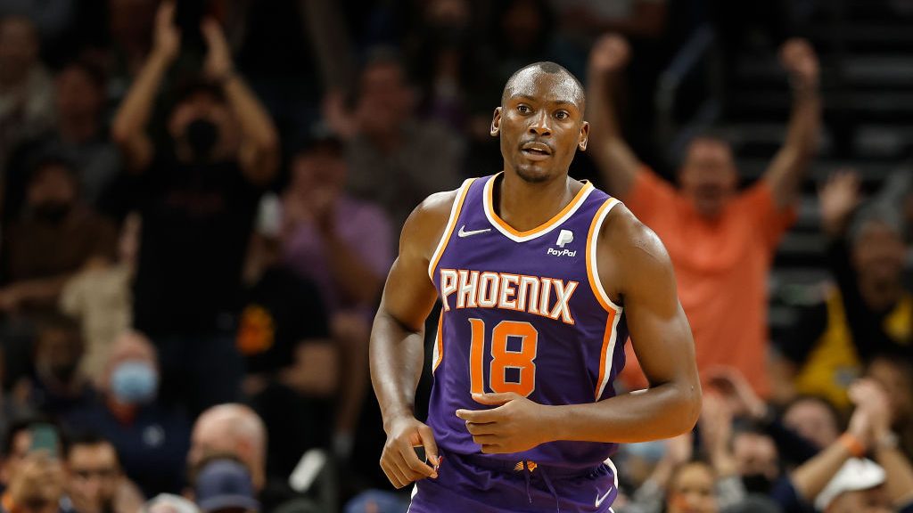 Bismack Biyombo #18 of the Phoenix Suns reacts after scoring against the Utah Jazz during the secon...