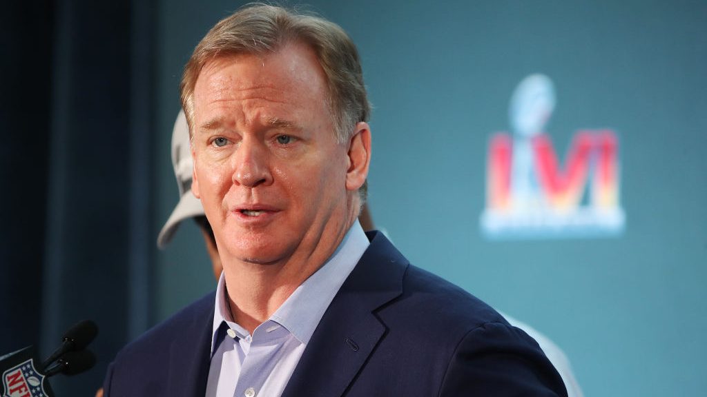 NFL Commissioner Roger Goodell speaks to the media during the Super Bowl LVI head coach and MVP pre...
