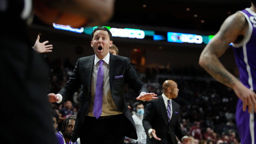 Head coach  Bryce Drew of the Grand Canyon Lopes reacts during a semifinal game of the Western Athl...