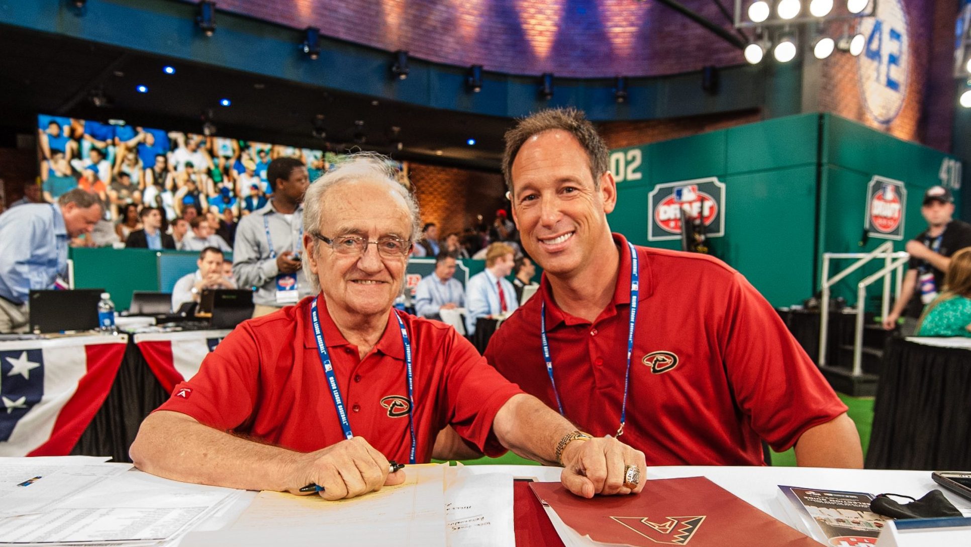 Roland Hemond and Luis Gonzalez are seen during the 2013 First-Year Player Draft at MLB Network's S...