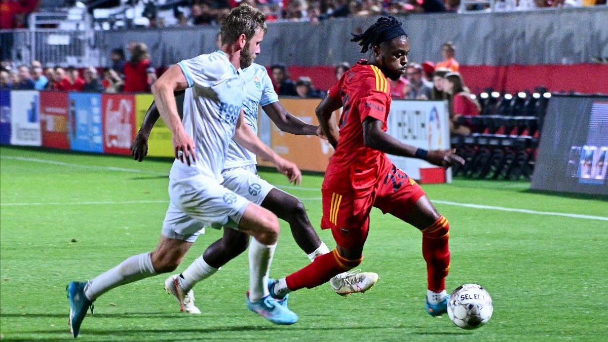 Phoenix Rising FC forward Marcus Epps dribbling in a 3-2 loss to San Diego Loyal SC at Wild Horse P...