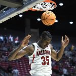 Arizona center Christian Koloko (35) comes down after a dunk against Wright State during the first half of a first-round NCAA college basketball tournament game, Friday, March 18, 2022, in San Diego. (AP Photo/Denis Poroy)