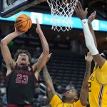 Stanford's Brandon Angel (23) shoots against Arizona State during the second half of an NCAA college basketball game in the first round of the Pac-12 tournament Wednesday, March 9, 2022, in Las Vegas. (AP Photo/John Locher)