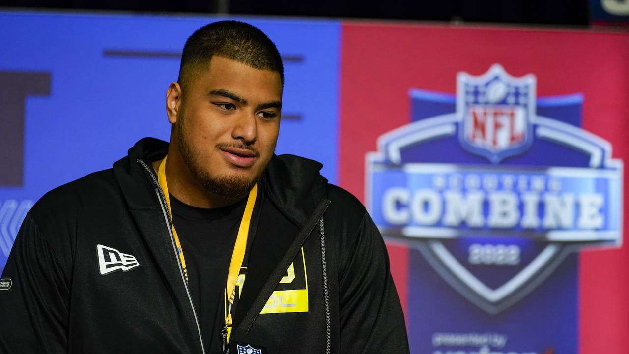 Minnesota offensive lineman Daniel Faalele speaks during a press conference at the NFL football sco...