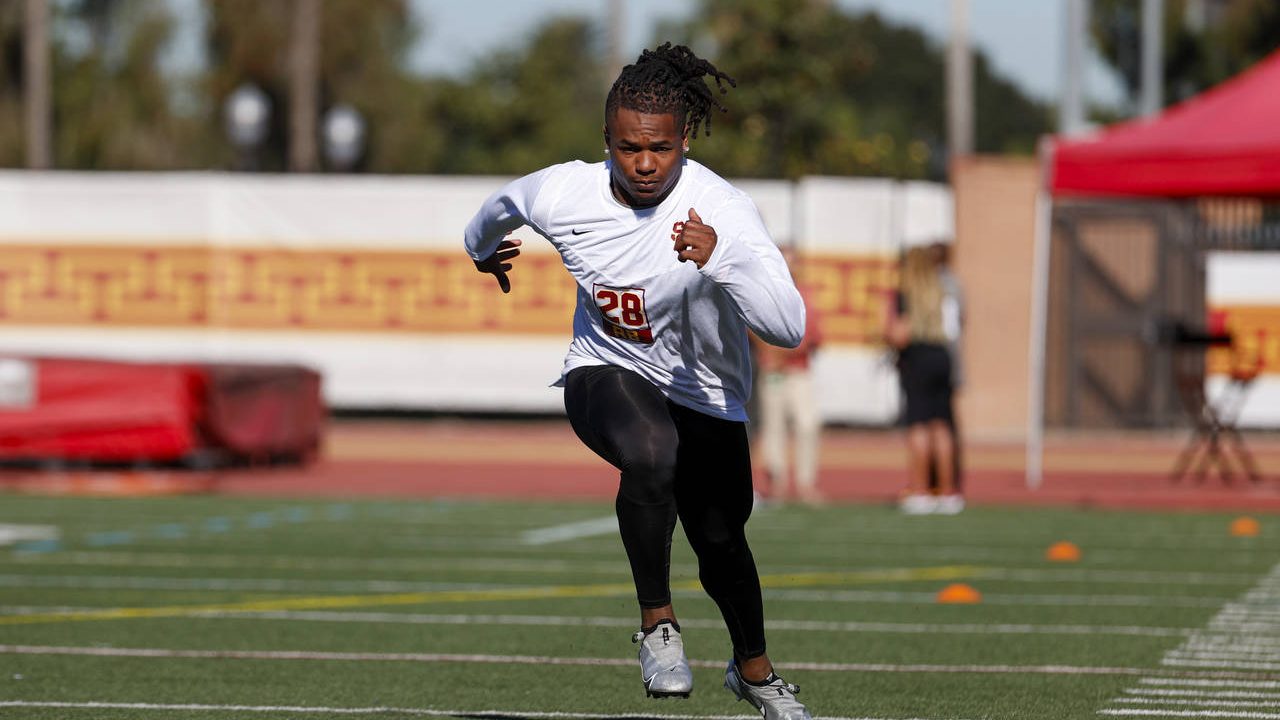 Running back Keaontay Ingram runs during Southern California's football Pro Day, Wednesday, March 2...