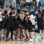 Stanford players celebrate after defeating against Arizona State in an NCAA college basketball game in the first round of the Pac-12 tournament Wednesday, March 9, 2022, in Las Vegas. (AP Photo/John Locher)