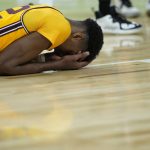 Arizona State's Alonzo Gaffney (32) holds his head after a play against Stanford during the second half of an NCAA college basketball game in the first round of the Pac-12 tournament Wednesday, March 9, 2022, in Las Vegas. (AP Photo/John Locher)