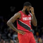Portland Trail Blazers forward Keljin Blevins looks toward his bench during the second half of an NBA basketball game against the Phoenix Suns, Wednesday, March 2, 2022, in Phoenix. (AP Photo/Matt York)