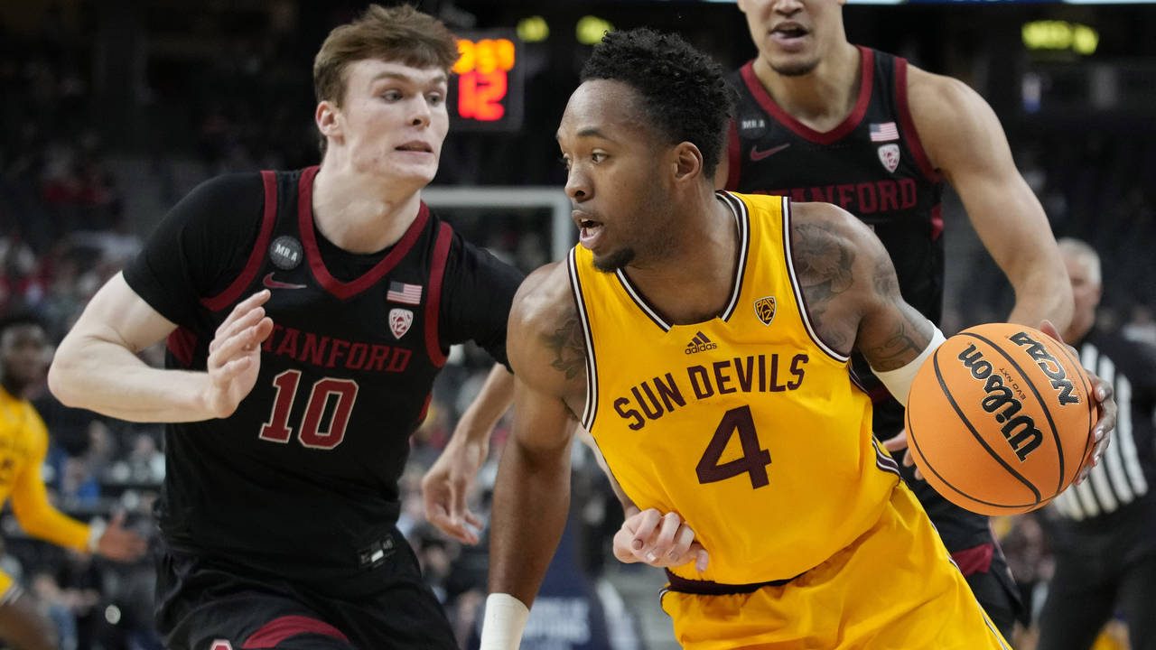 Arizona State's Kimani Lawrence (4) drives against Stanford's Max Murrell (10) during the first hal...