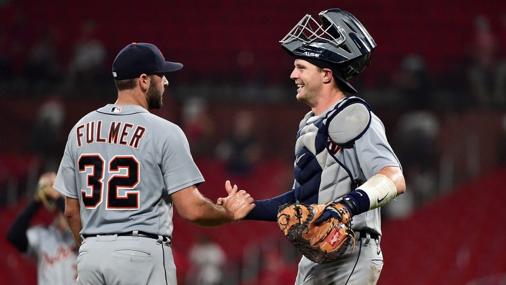 Michael Fulmer #32 and Grayson Greiner #17 of the Detroit Tigers celebrate after the Tigers defeate...