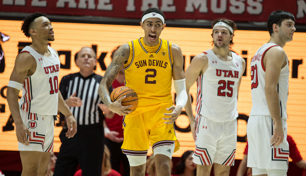 Jalen Graham #2  of the Arizona State Sun Devils reacts after being fouled as he walks away from Ma...