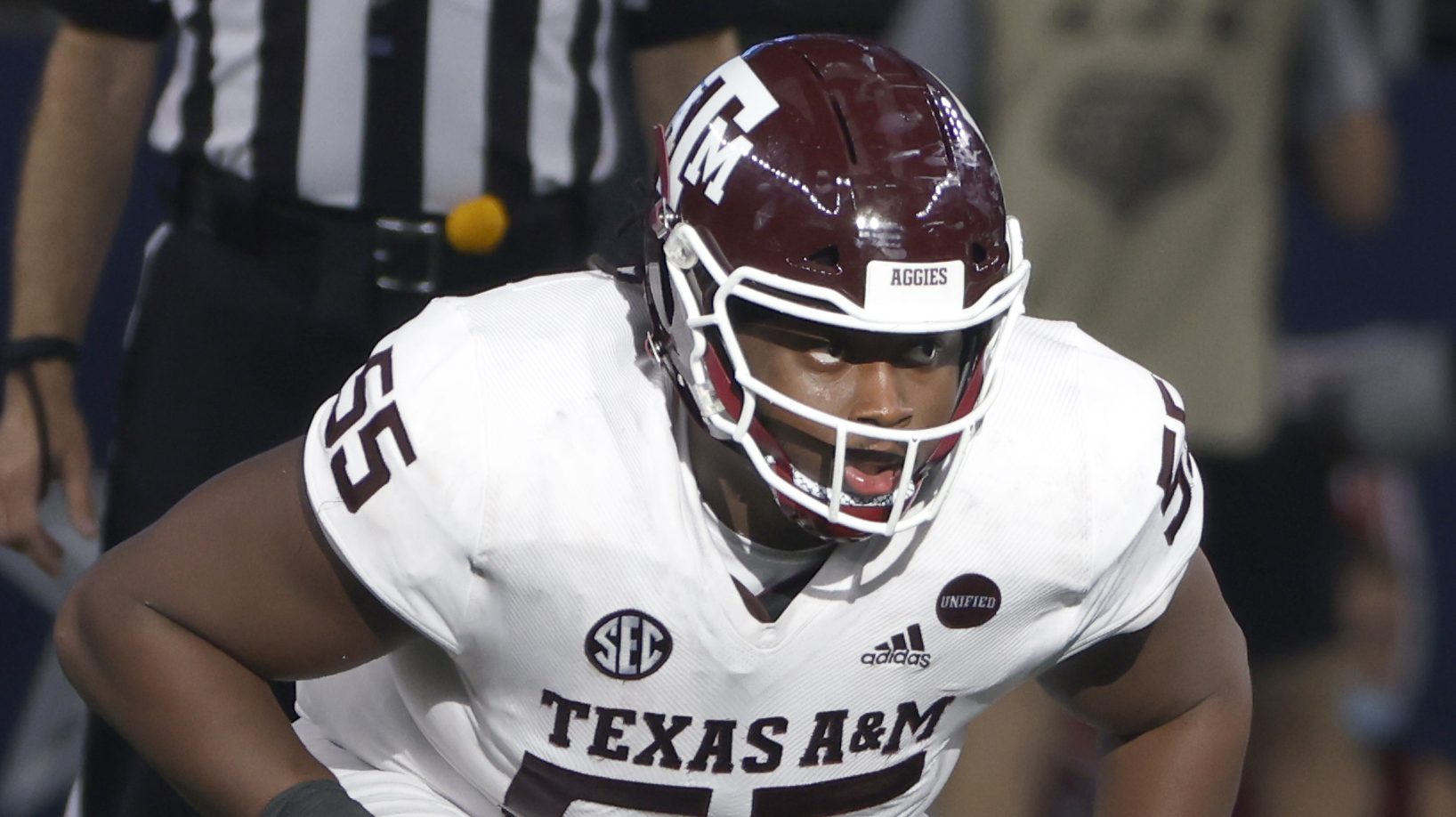 Kenyon Green #55 of the Texas A&M Aggies lines up against the Arkansas Razorbacks in the second...