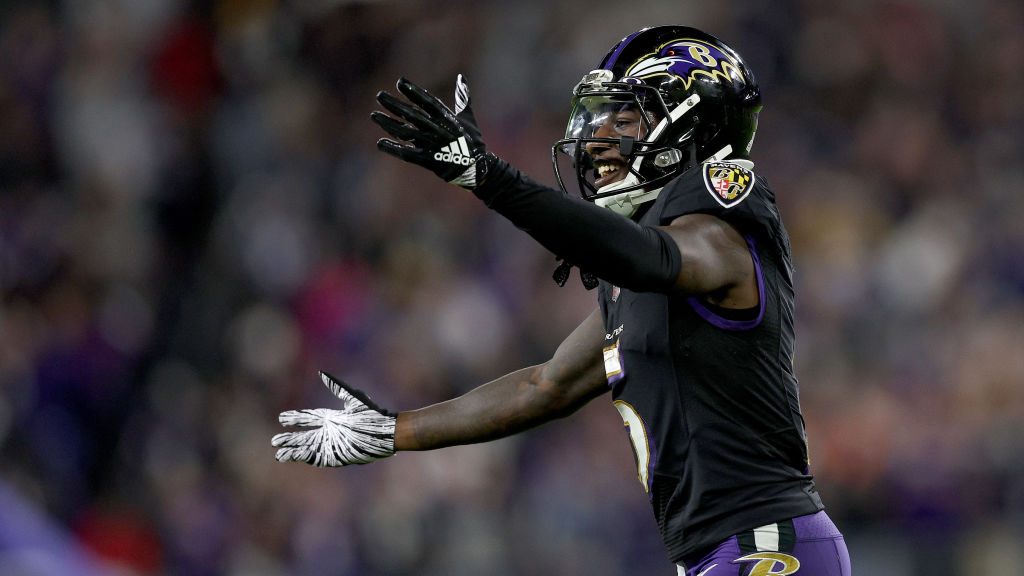 Marquise Brown #5 of the Baltimore Ravens reacts to a play during the fourth quarter in a game agai...
