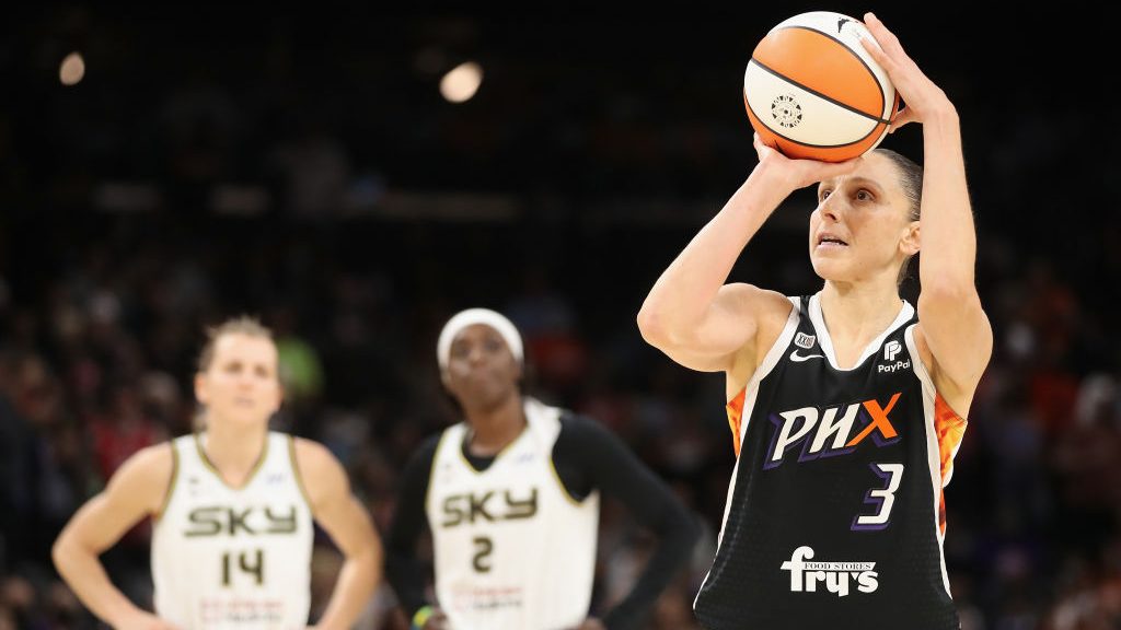 Diana Taurasi #3 of the Phoenix Mercury shoots the ball during overtime in Game Two of the 2021 WNB...