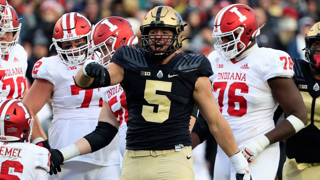 George Karlaftis #5 of the Purdue Boilermakers reacts after a play during the second quarter in the...