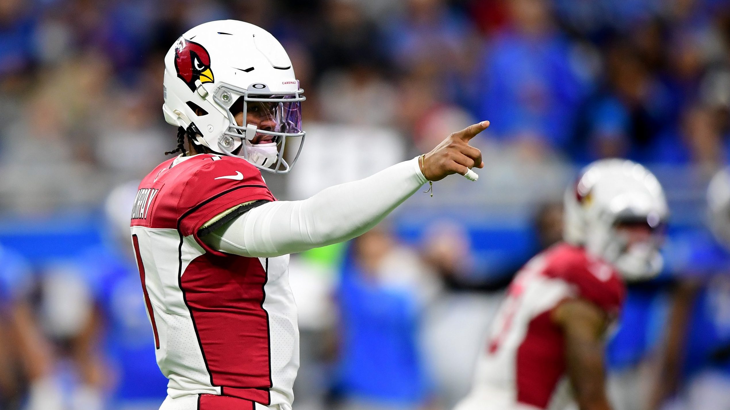 Kyler Murray #1 of the Arizona Cardinals calls a play during a game against the Detroit Lions at Fo...