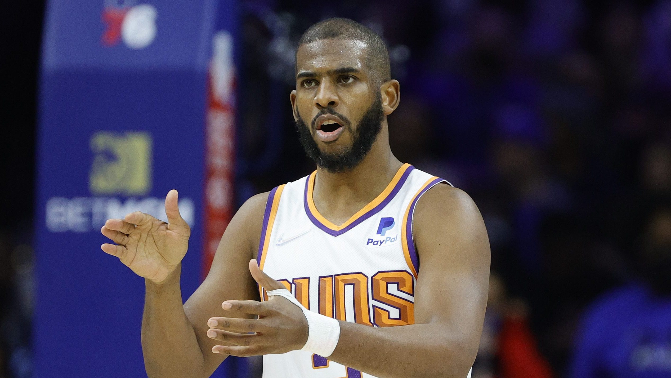 Chris Paul #3 of the Phoenix Suns calls to teammates against the Philadelphia 76ers  at Wells Fargo...