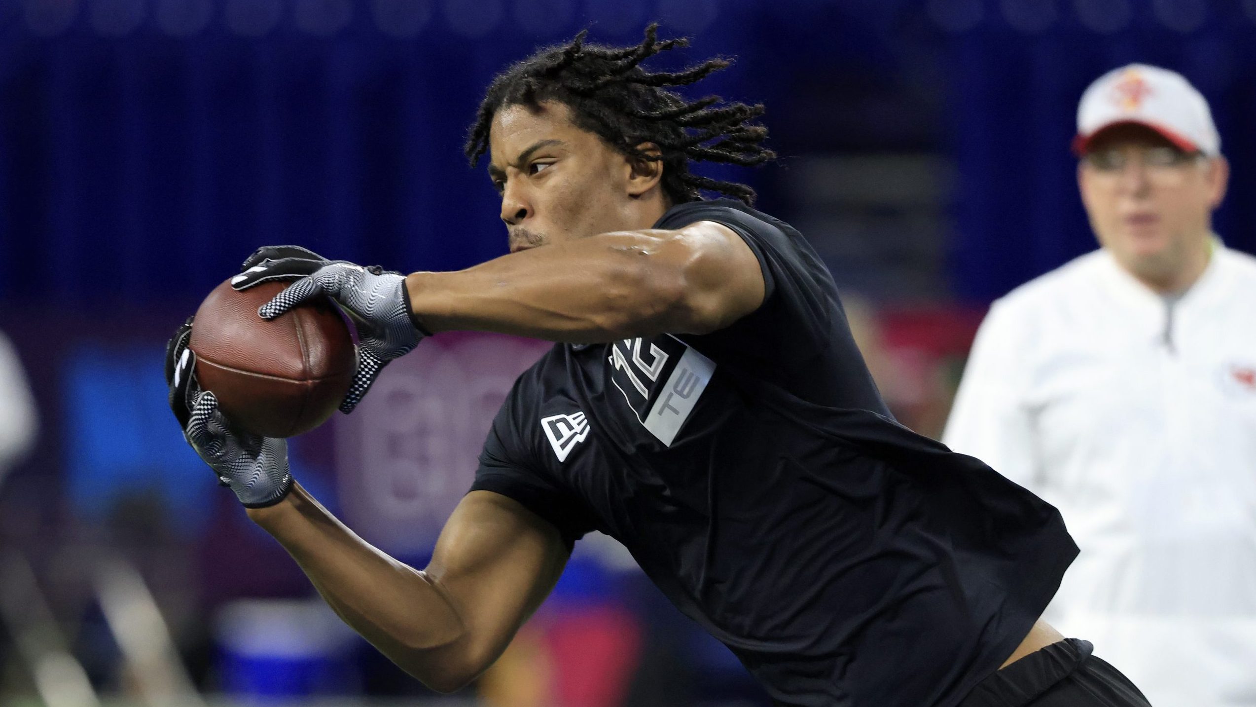 Isaiah Likely #TE12 of  Coastal Carolina runs a drill during the NFL Combine at Lucas Oil Stadium o...