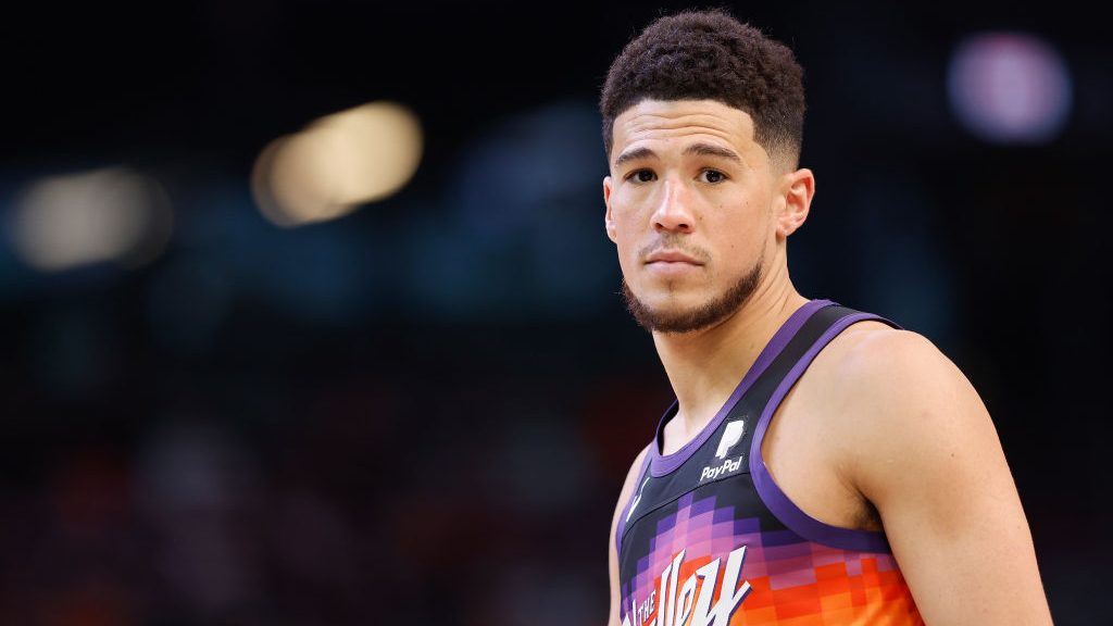 Devin Booker #1 of the Phoenix Suns during the second half of the NBA game at Footprint Center on M...