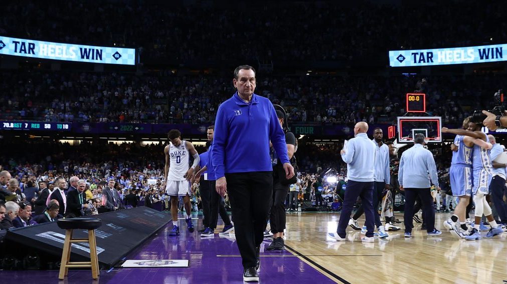 Head coach Mike Krzyzewski of the Duke Blue Devils walks off the court after losing to the North Ca...