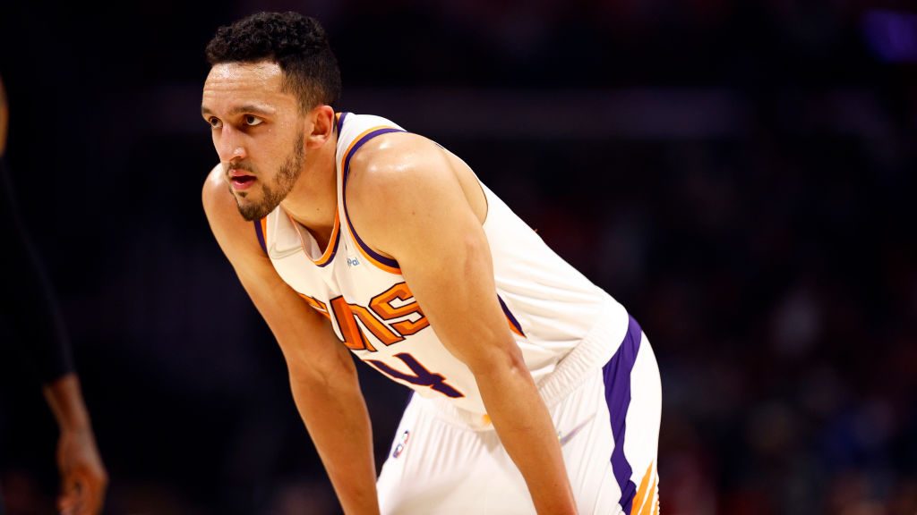 Landry Shamet #14 of the Phoenix Suns in the third quarter at Crypto.com Arena on April 06, 2022 in...