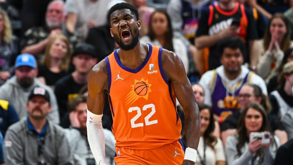Deandre Ayton #22 of the Phoenix Suns celebrates a basket during the second half of a game against ...