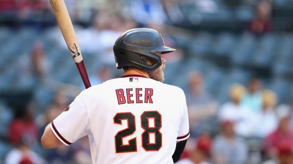 Seth Beer #28 of the Arizona Diamondbacks bats against the Houston Astros during the 10th inning of...