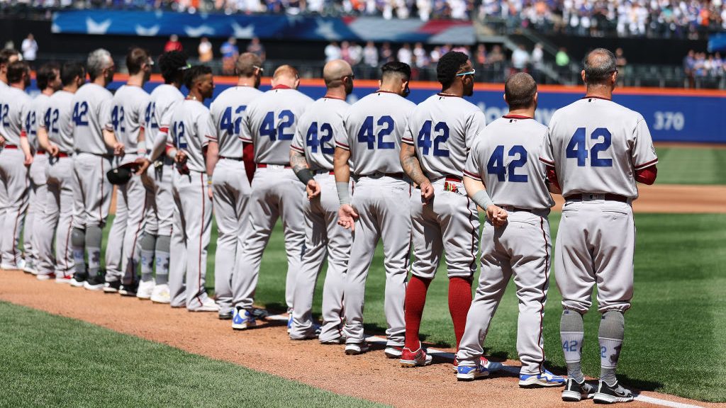 The Arizona Diamondbacks wear #42 in honor of Jackie Robinson during the Mets home opening game at ...