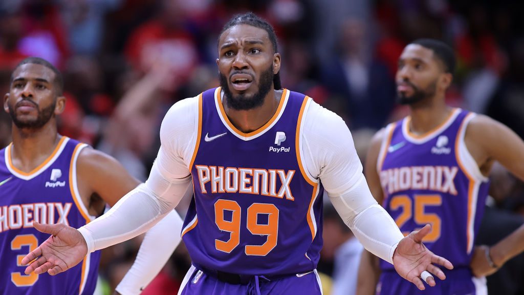 Jae Crowder #99 of the Phoenix Suns reacts during the second half of Game Four of the Western Confe...