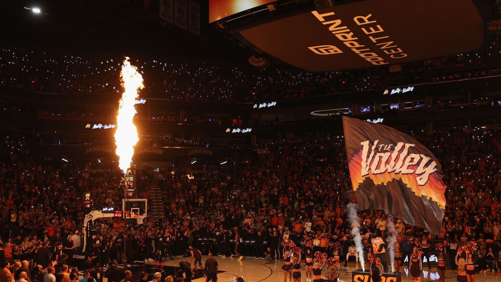 The Phoenix Suns are introduced before Game 5 of the Western Conference first-round NBA playoff ser...