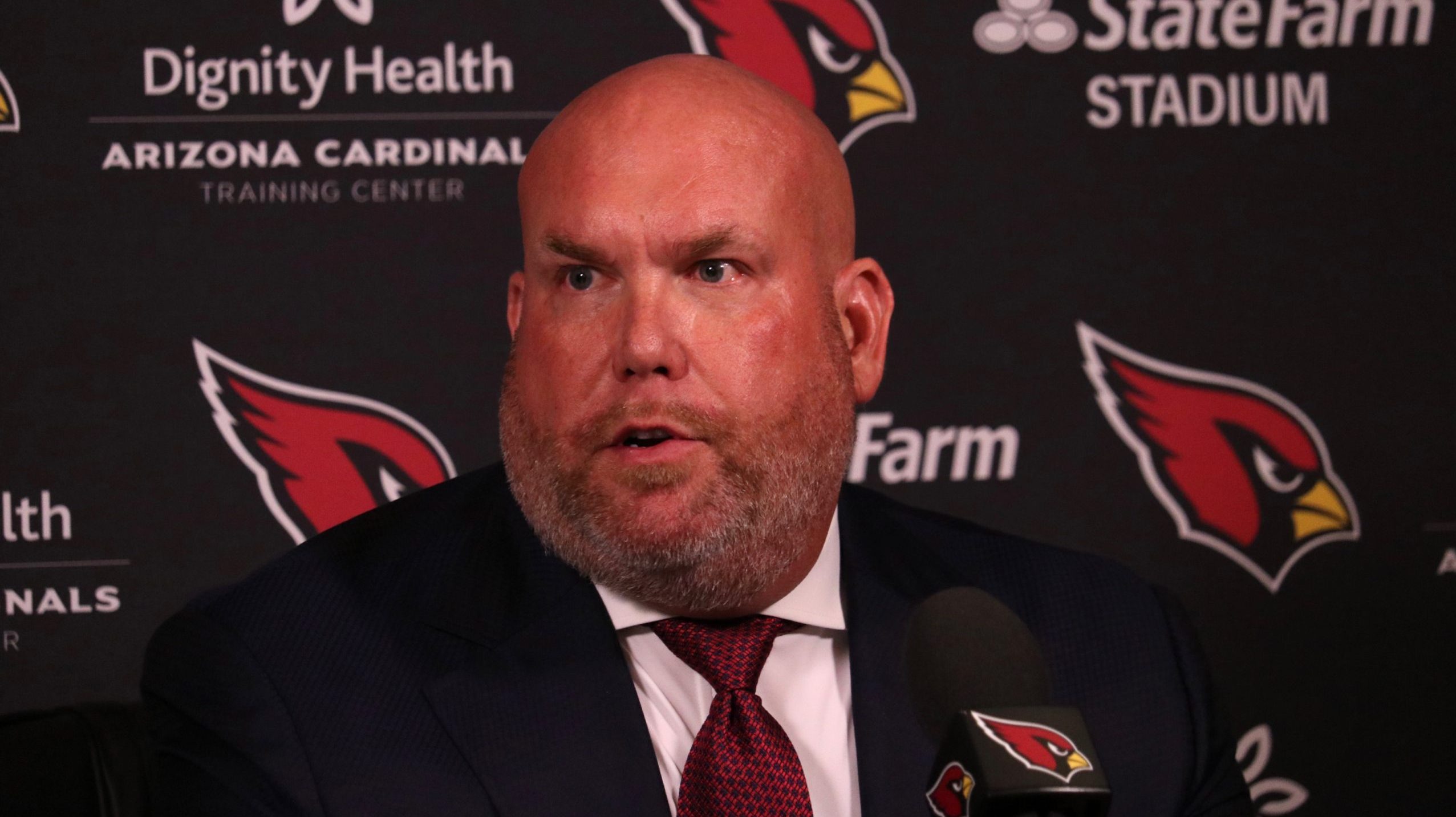 Arizona Cardinals GM Steve Keim meets with the media after Day 1 of the NFL Draft on Thursday, Apri...