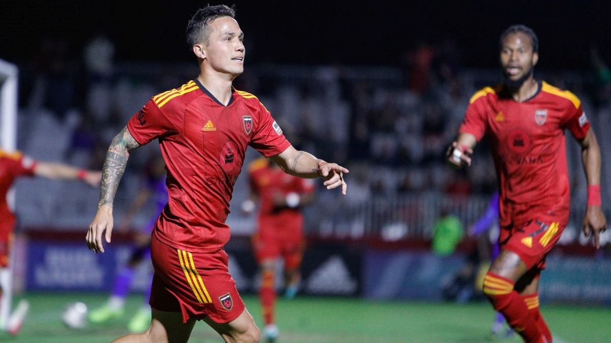 Phoenix Rising FC midfielder Luis Seijas celebrates after scoring the game-winning goal in the 88th...