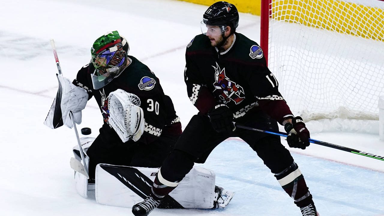 Arizona Coyotes goaltender Harri Sateri (30) gives up a goal on a shot by St. Louis Blues' Justin F...