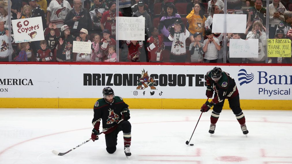 Fans watch as the Arizona Coyotes warm up before the NHL game against the Nashville Predators at Gi...