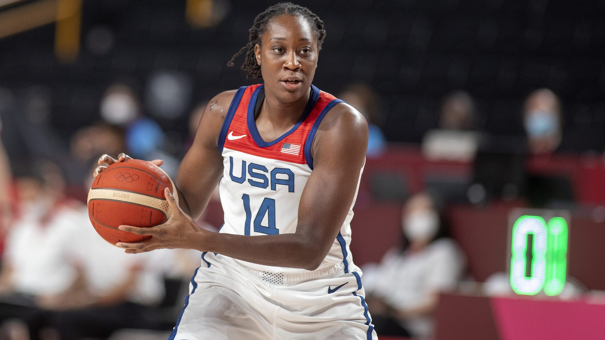 Tina Charles #14 of the United States. (Photo by Tim Clayton/Corbis via Getty Images)...