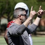 Arizona Cardinals DL coach Matt Burke instructs the line during rookie minicamp Friday, May 13, 2022, in Tempe. (Tyler Drake/Arizona Sports)