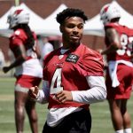 Arizona Cardinals WR Rondale Moore warms up ahead of OTAs on Monday, May 23, 2022, in Tempe. (Tyler Drake/Arizona Sports)