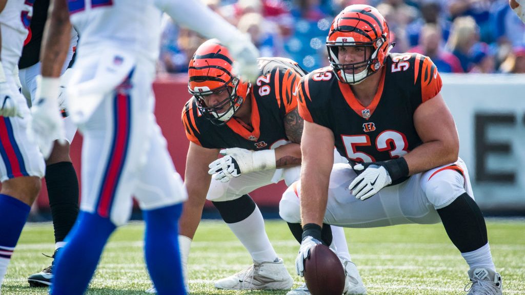 Billy Price #53 of the Cincinnati Bengals comes set at the line during the first half of a preseaso...