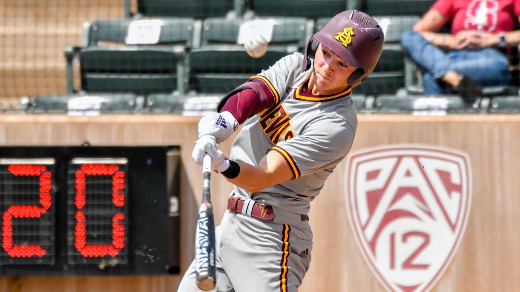 Arizona St. center fielder Joe Lampe (5) fouls off a pitch during the game between the Arizona Stat...