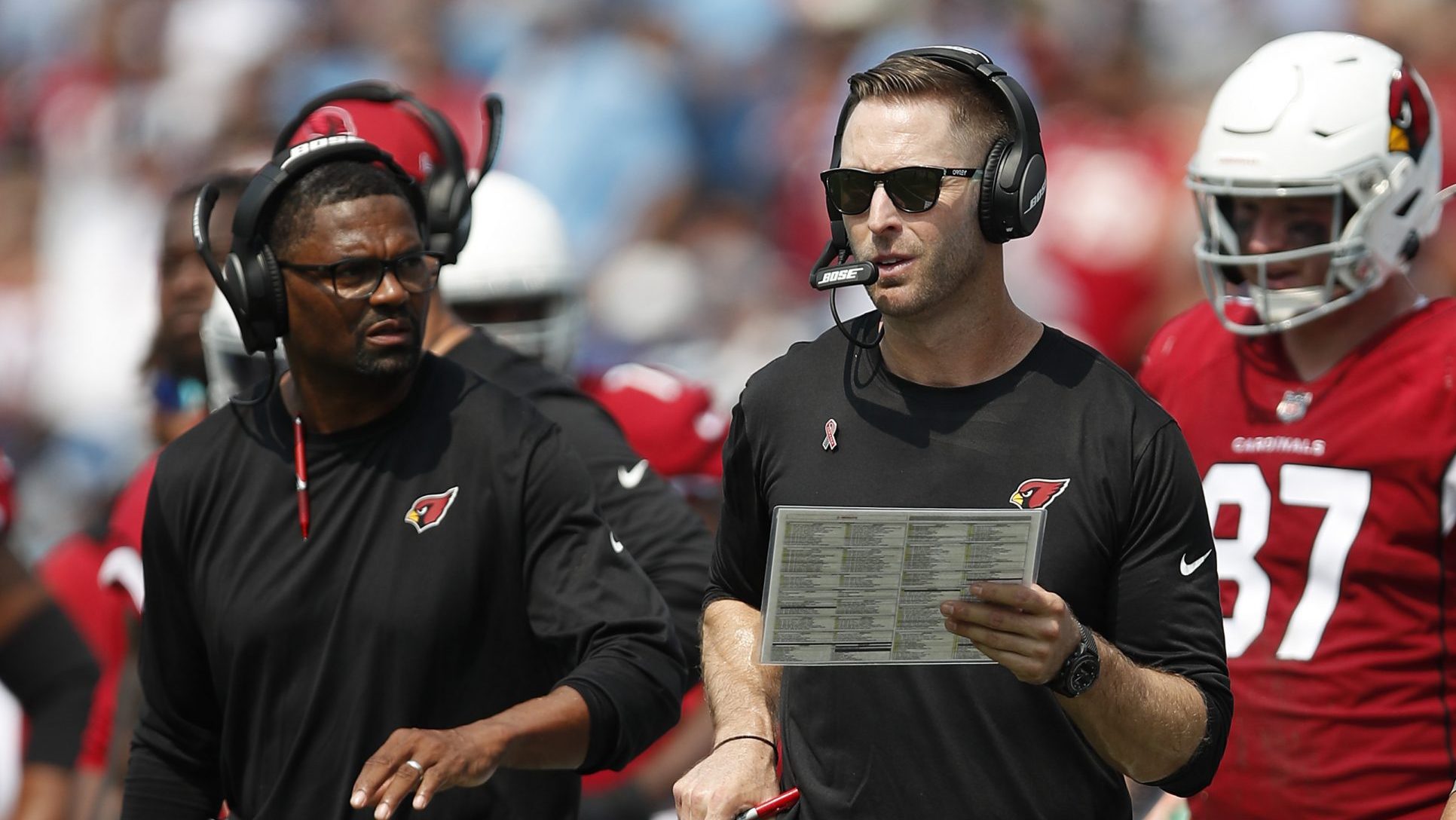 Wide receivers coach Shawn Jefferson (left) and head coach Kliff Kingsbury (right) of the Arizona C...