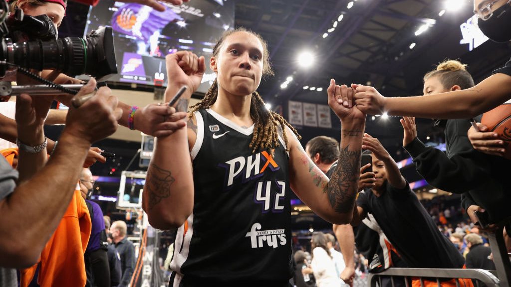 Brittney Griner #42 of the Phoenix Mercury celebrates with fans following Game Two of the 2021 WNBA...